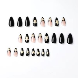 Almond Press on Nails French Black Fake Nails Stiletto Star False Nails with Designs Press on Nails Glossy Glue on Nails Artificial Acrylic Nails for Women Girls 24 Pcs