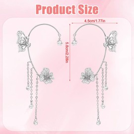 Butterfly Ear Cuffs, Rhinestone Flower Butterfly Earrings with Tassels Sparkling Crystal Ear Clip Jewelry Gift for Women Girls Party Festival Prom Accessories (Silver)