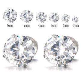 1 Pair 6MM Mens Ladies White Cubic Zirconia Stud Earrings Stainless Steel Screw Back Post
