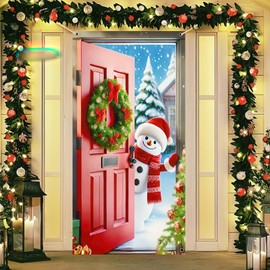 Smiling Snowman Door Banner with Red Door Wreath Festive Christmas Decoration for Home and Garden 71x35Inches snowman christmas decorations Polyester Fabric