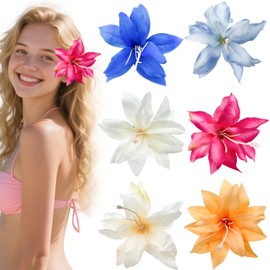 Tropical Flower Hair Clips, 6 Pack, Multi-Color Plumeria Hibiscus Design, Beach Wedding Party Hair Accessories