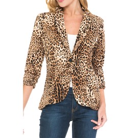 MINEFREE Women's 3/4 Ruched Sleeve Lightweight Work Office Blazer Jacket Leopard ANIMALBROWN M