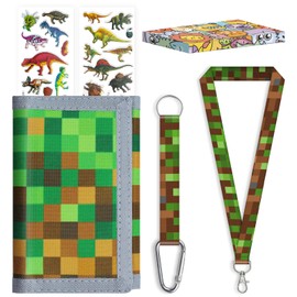 sundee Kids Wallet for Boys Girls 5-14, Box-Packed Boys Trifold Wallet with Lanyard and Zipper Coin Pocket for Kids Toddler Children, Novelty Sports Wallet with Stickers and Card Holder -Green Block