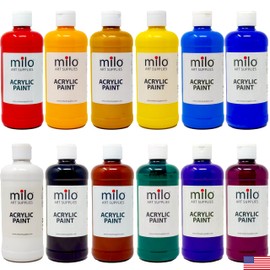 milo Acrylic Paint Set of 12 Colors | 16 oz Bottles | Student Primary Colors Acrylics Painting Pack | Made in the USA | Non-Toxic Art & Craft Paints for Artists, Kids, & Hobby Painters