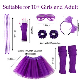 80s Outfit For Women Party 80's Accessories 7pc 70s 90s 1980s Costumes with Purple Tutu Neon Leg Warmers 80s Neon Scrunchies Gloves Necklace Shutter Glass for Cosplay Theme Party