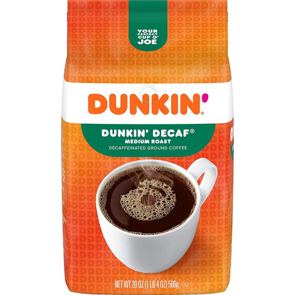 Dunkin' Original Blend Medium Roast Decaf Ground Coffee, 20 Ounces (Pack of 6) (Packaging May Vary)