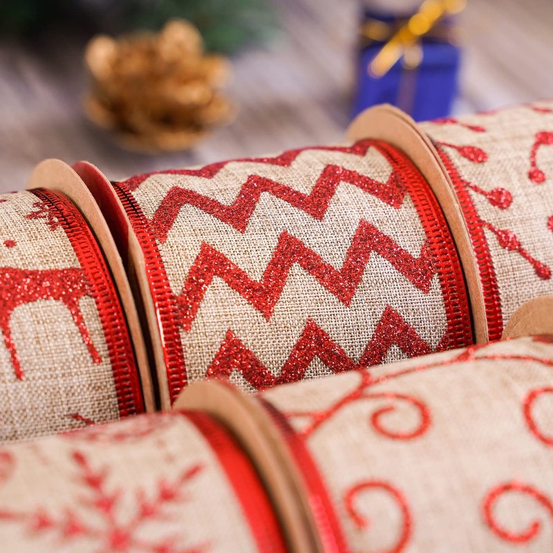 MEEDEE Christmas Ribbon Set Wired Burlap Ribbon 2.5 Inch 6