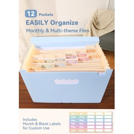SortRax Accordion File Organizer 12 Pockets, Monthly Bill Receipt Tax Organizer, Expanding File Folders with Larger Bright Tabs, Fits Letter/A4 Size - Blue