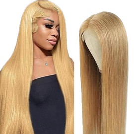 Gsoroel 71 cm (71 cm) (33 x 15 cm) HD Lace Front Wig, Human Hair, #27 Honey Blonde Colour, 150% Density, Straight Lace Front Wig, Human Hair, Pre Plucked, Glueless Wigs, Real Hair