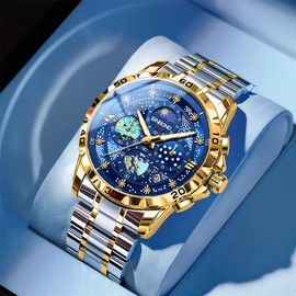 BINBOND Mens Watches Starry Sky Moon Phase Dial Luxury Diamond Business Dress Fashion Classic Casual Date Wrist Watches for Men Waterproof Luminous