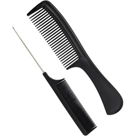Kit 2 Peines Profesionales Cola Metálica y Gruesa con Particulas de Fibra de Carbono Resistente al Calor para Estética Barbería Corte Fino y Peinado de Cabello en diferentes estilos uso personal