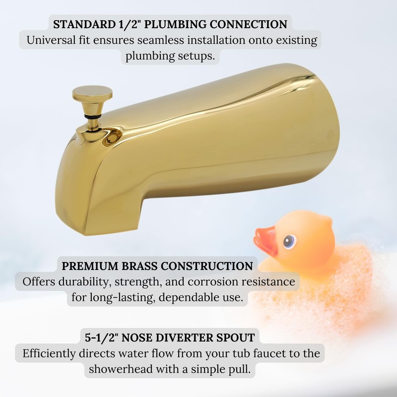 Westbrass Nose Diverter 5-1/2" Brass Tub Spout, Polished Brass, D311-01