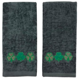 St. Patrick's Day Irish Kitchen Bath Guest Hand Towels: Soft Absorbent Embroidered Triple Green and White Shamrocks Clovers Design on Grey Gray, 16" x 25", 100% Terry Velour Cotton Oeko-TEX Certified