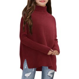 Haloumoning Kids Girls Turtleneck Tunic Sweaters Dress Oversized Long Sleeve Knit Chunky Pullover Jumper with Slit 5-14T Red