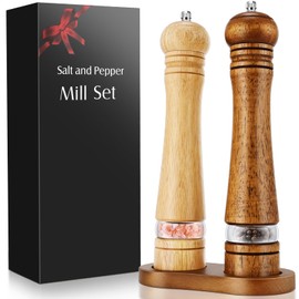 Wooden Salt and Pepper Grinder Set,2 Pcs Large 8 Inch Refillable Pepper Mills with Tray,Manual Solid Oak Wood Mills Shakers with Adjustable Ceramic Core and Transparent Window for Pepper,Salt,Spice