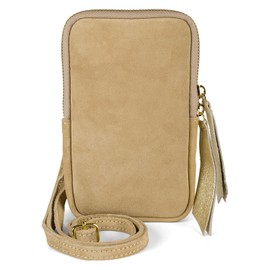 styleBREAKER Ladies Leather Cell Phone Shoulder Bag Soft Suede, Zipper, Genuine Leather Mini Bag 02012373, Colour:Light Brown
