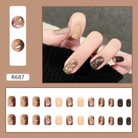 Press on Finger Nails with Designs, 24Pcs Full Cover Reusable False Nails Kits, Stick on Nails Short Square, Artificial Fingernails Acrylic Fake Nails for Women, Glue on Nails Coffin Shape（R687）