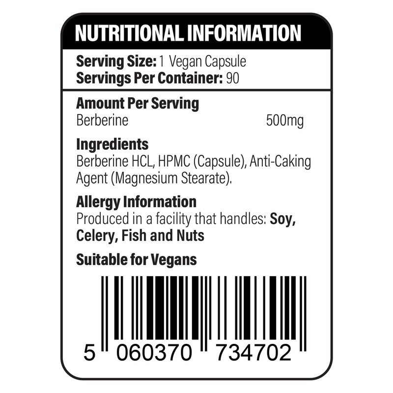 Pure Vitality: Berberine HCL 90 Vegan Capsules 500mg - 98%