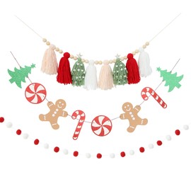 Christmas Tassel Garland Pink Banner Red White Felt Pom Pom Gingerbread Man Christmas Tree Holiday Decoration