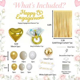 Ziophlux Gold Engagement Party Decorations, Just Engaged Decorations for Wedding Party, Bachelorette & Home Party, with Happy Engagement Banner, Foil Balloons, Sash, Fringe Curtain