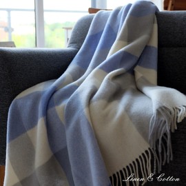 Linen & Cotton Fluffy, Cuddly and Warm Blanket Checked Blanket Cuddly Blanket Devon 100% Pure New Zealand Wool, Blue/Grey/White (140 x 200 cm), Sofa Blanket, Throw, Virgin Wool