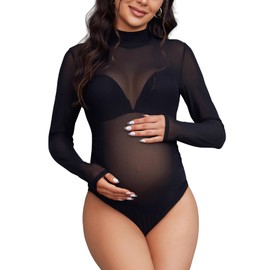 Bhome Mock Neck Maternity Bodysuit for Photoshoot Sheer Mesh Maternity Photography Outfits Black L