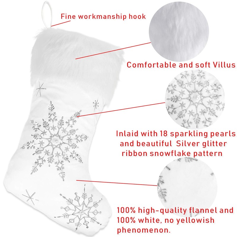 Mauts 20" White Christmas decorations stocking, With Silver Pearl Snowflakes,