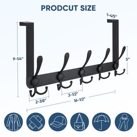 TICONN Over The Door Hooks, 5 Heavy Duty Tri Coat Rack All Metal Coat Hanger for Bathroom Bedroom Dorm (Matte Black, 2PK, Fit 1-3/4" Doors)