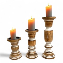 Set of 3 Rustic Wooden Pillar Candle Holders – 12'', 9'', 6'' Farmhouse Wood Candle Stands for Table Centerpieces, Vintage Tall Candleholders for Fireplace Mantel & Living Room Decor, White