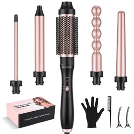 Rizadora para Cabello, 5 en 1 Tenazas Para Rizar Cabello con Cepillo Rizador, Apagado Automático, Calor Rápido y Temperatura Ajustable, Rizador de Cabello Profesional para Todo Tipo, Salón y Casa