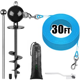 SELEWARE Dog Tie Out Stake Outdoor Anti-Rust Dog Anchor for Large Dogs up to 220 lbs Tie Out Rope Dog Leash 30 ft Long