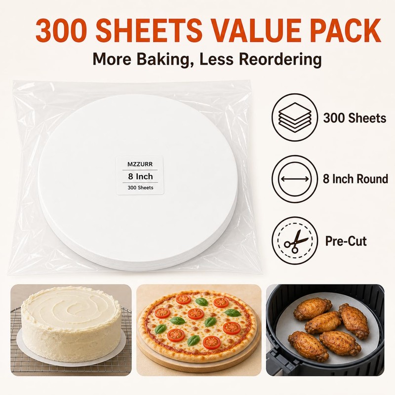 8 Inch Parchment Paper Rounds, Non-Stick, 300 Sheets