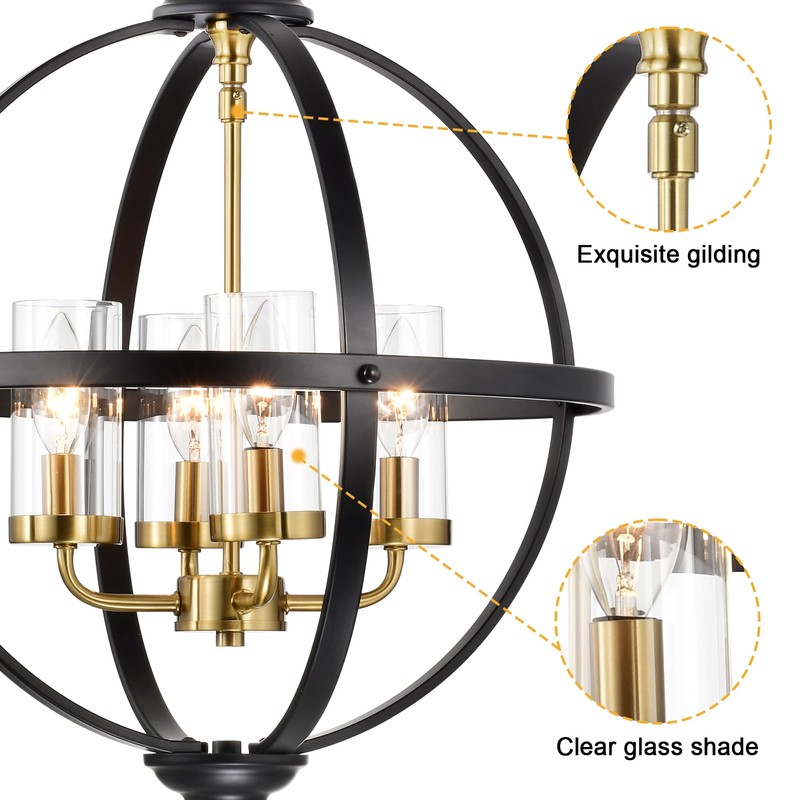 Treekee Rustic Chandelier, 17" Black and Gold Finish Glass Cover