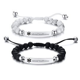2 Pcs Adrenal Insufficiency Medical Alert Bracelets for Men & Women Teens Adjustable Stainless Steel Black White Beaded Onyx Emergency Medical ID Bracelets with Medic Wallet Insert Card