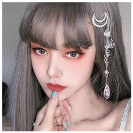 Dervivea Bohemia Rhinestone Tassel Hair Clip Barrette Half Moon Side Clip Hair Clip Silver Half Moon Hair Pin Clips Star Drop Hair Clip Decorative Hair Accessories for Women and Girls Headpiece