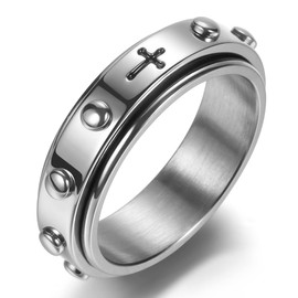 Adreamz 6mm Spinner Rosary Ring for Anxiety Relief Fidget Spinner Ring with Anti-worry Beads Cross Wedding Bands for Men Women 6