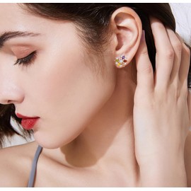 VONSSY Colourful Multi Gemstone Stud Earrings Rose Gold Cubic Zirconia Snowflake Flower Crystal Statement Garnet Amethyst Morganite Jewellery Gift for Lady Girl Mom Wife, Crystal, Cubic Zirconia