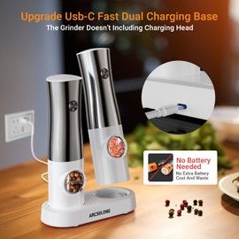 Arcselong Electric Salt And Pepper Grinder Set Stainless Steel Top With Type-C Rechargeable Base, No Battery