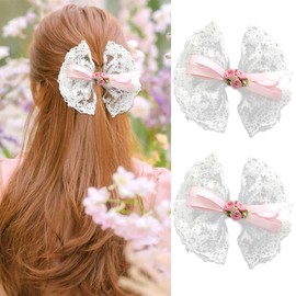 SAWINDA White Lace Hair Bows Pink Rose Hair Ribbons Cute Tulle Bows for Hair Sweet Bow Hair Clips Hair Ribbons Flower Dot Mesh Alligator Hair Barrettes Accessories for Teens and Girls 2 Pack