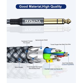 AkoaDa 1/4 Inch TRS Instrument Cable 2 Pack 20 ft, Right Angle 6.35mm Male to Male Stereo Jack Balanced Audio Path Cord Interconnect Cable for Mixer, Speaker, Microphone, Equalizer, Amp, Bass, & More