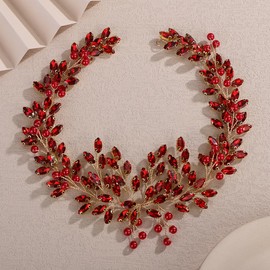 Teyglen Dainty Red Crystal Rhinestone Pearl Hair Vine Bridal Wedding Rhinestone Headband Simple Crystal Hair Piece Wedding Headpiece Hair Accessories for Women Bridesmaid (Red)