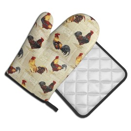 Rustic Rooster Oven Mitts and Pot Holder Set of 2 Farm Animal Print Heat Resistant Gloves Hot Pads for Kitchen Grilling Baking Cooking BBQ