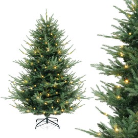 HAPPYGRILL 6 FT Pre-Lit Artificial Xmas Tree, Hinged Xmas Tree with 778 PVC PE Branch Tips, 240 Warm White LED Lights, 8 Lighting Modes & Gloves, Fake Green Tree for Home, Carnival & Party