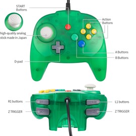 Retro N64 Mini Controller, N64 Wired Remote Bit Game Pad Upgraded Joystick Controller for Classic N64 Video Console Clear Green
