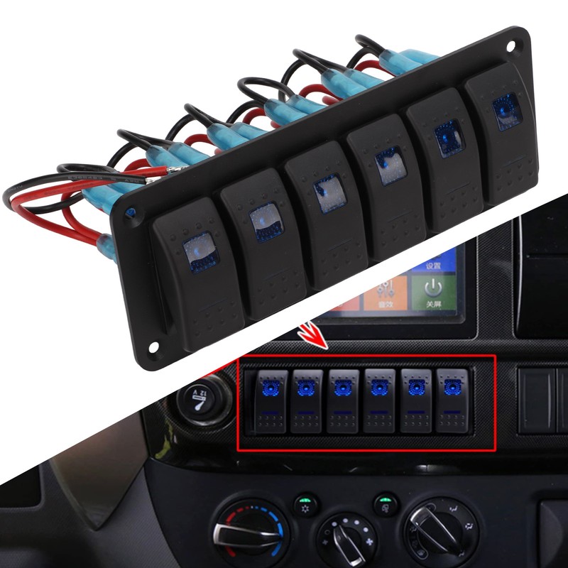 6 Gang Rocker Switch Panel Overcurrent Protection LED Blue Backlit