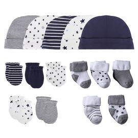 Chamie Baby’s 15-Pieces Organic Cotton Socks, Caps and Mittens Set for Baby Girls and Boys, Dark Blue