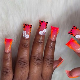 Leopard French Tips Press on Nails Medium Duck Fake Nails with Rhinestone Flower Charm Design Ombre Orange False Nails Glossy Skin Tones Stick on Nails Gradient Pink Nails for Women Manicure 24Pcs