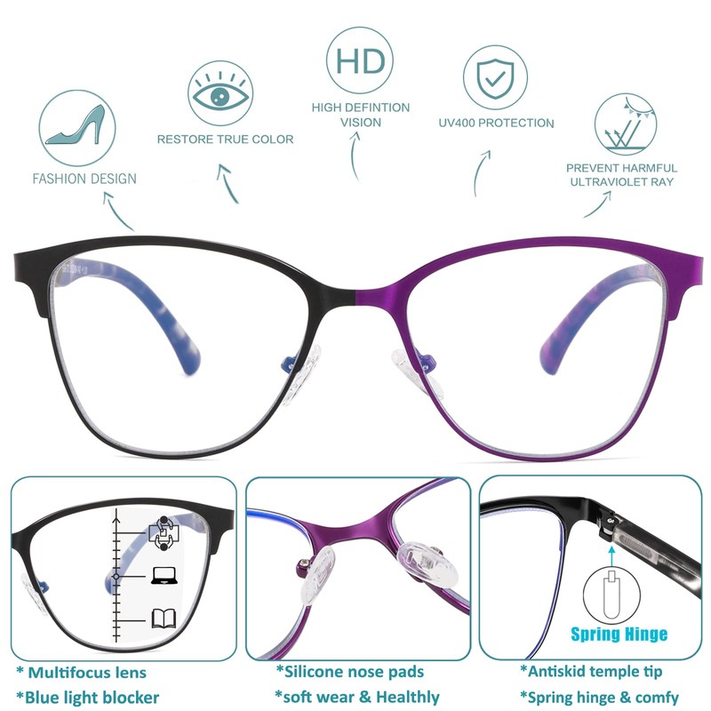 SUNAMOY Progressive Multifocal Reading Glasses Women Cat Eye No Line