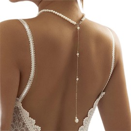 Boho Simple Bridal Back Jewelry Necklace Pearl Backdrop Choker Necklaces Party Wedding Prom Drop Pearls Necklace Body Chain Jewelry for Women Bridesmaids