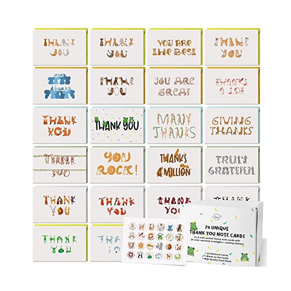 Dessie Thank You Cards Multipack with Envelopes and Sealing Stickers. 24 Unique Thank You Greeting Cards for Kids, Small Business
